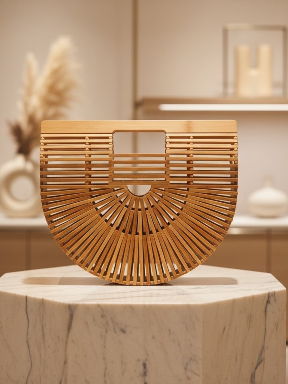 Semi-Circle Bamboo Slatted Handbag - Natural Wood